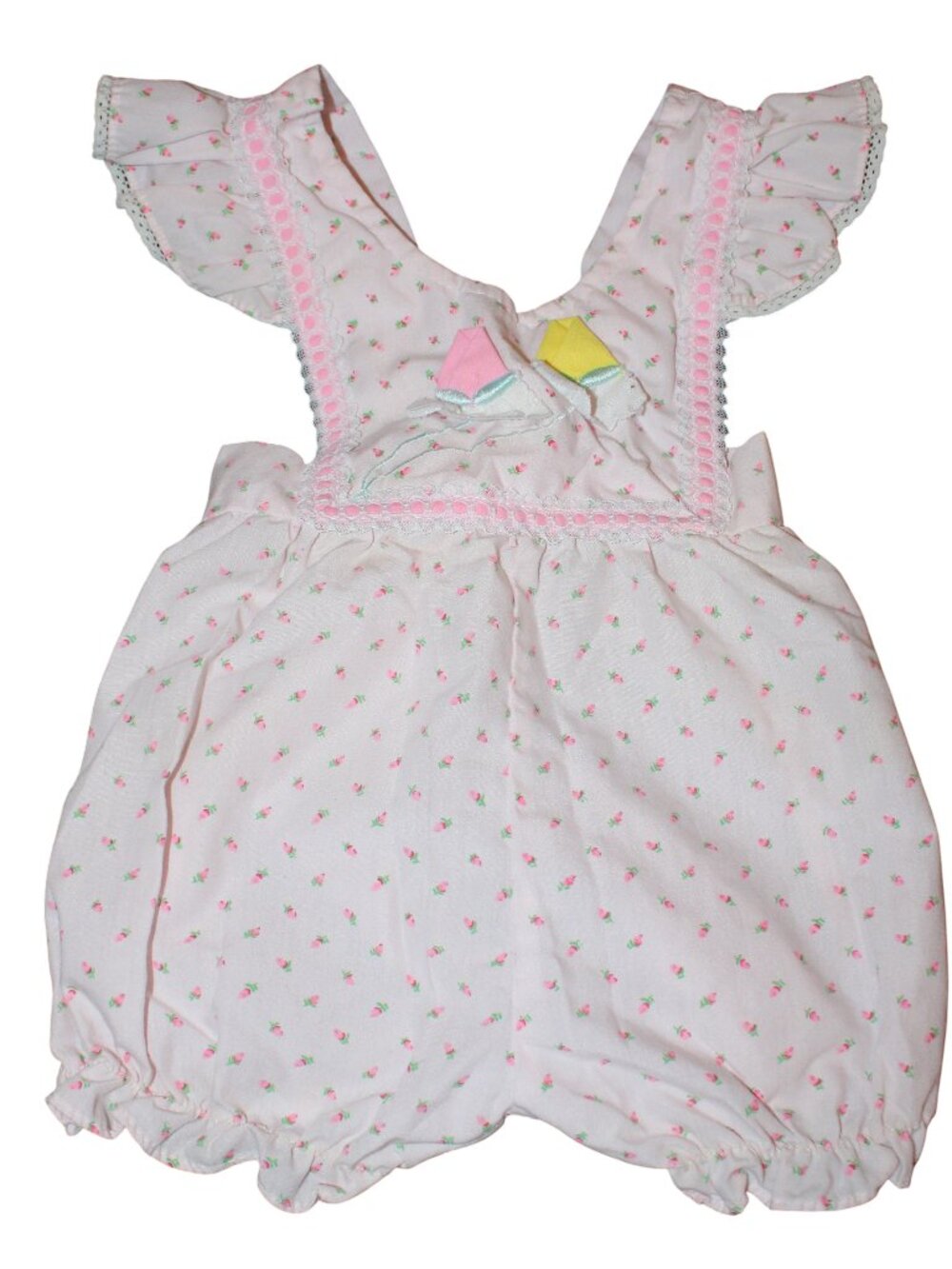 Vintage Infant 12 Months Tiny Tots Overalls, Bubble Romper. Pink Rosebuds